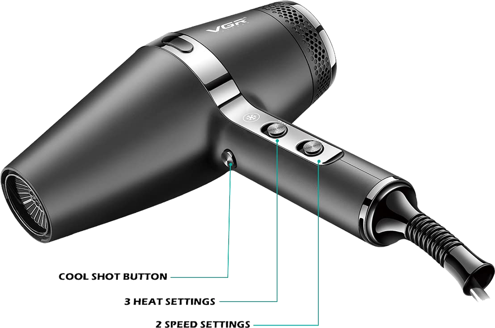 استشوار في جي أر ، 1800-2200 وات ، 3 إعدادات للحرارة ، سرعتان ، أسود ،V-451