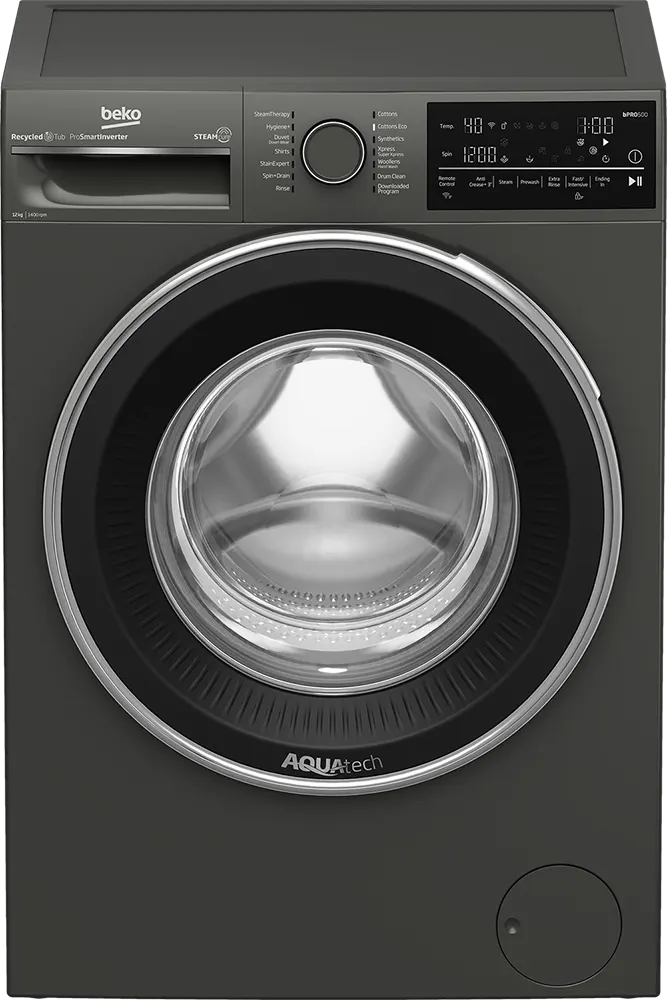 غسالة ملابس فول اتوماتيك بيكو تحميل أمامي، 12 كيلو، 1400 لفة، شاشة ديجيتال، انفرتر، واي فاي، لون رمادي، B3WFU51240MCI