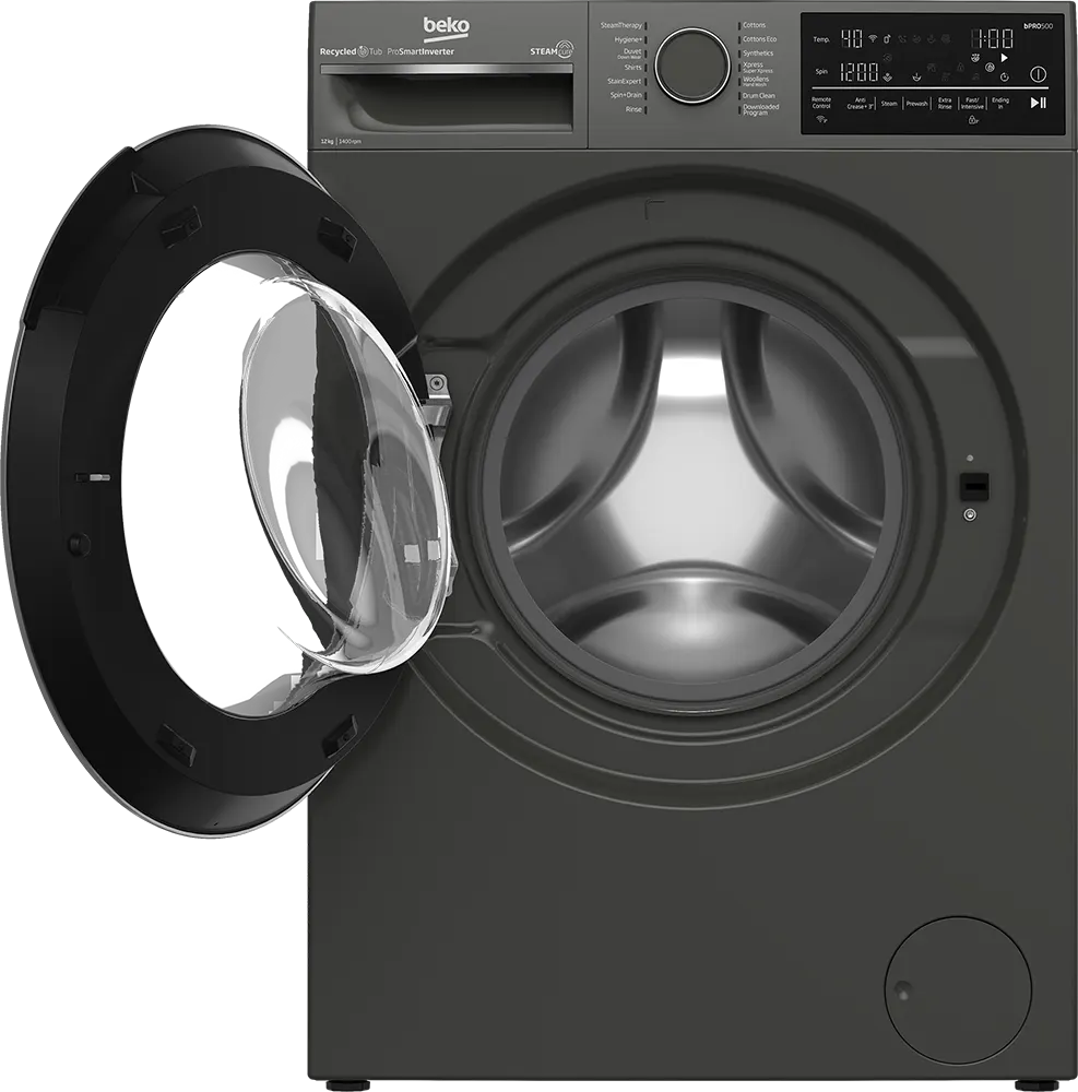 غسالة ملابس فول اتوماتيك بيكو تحميل أمامي، 12 كيلو، 1400 لفة، شاشة ديجيتال، انفرتر، واي فاي، لون رمادي، B3WFU51240MCI