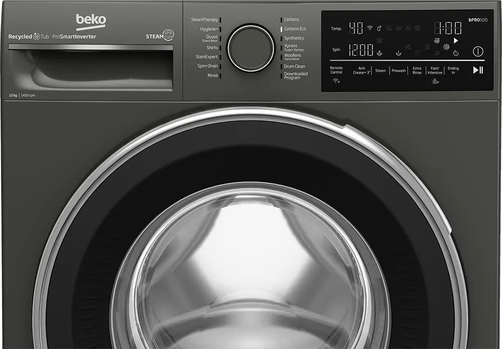 غسالة ملابس فول اتوماتيك بيكو تحميل أمامي، 12 كيلو، 1400 لفة، شاشة ديجيتال، انفرتر، واي فاي، لون رمادي، B3WFU51240MCI