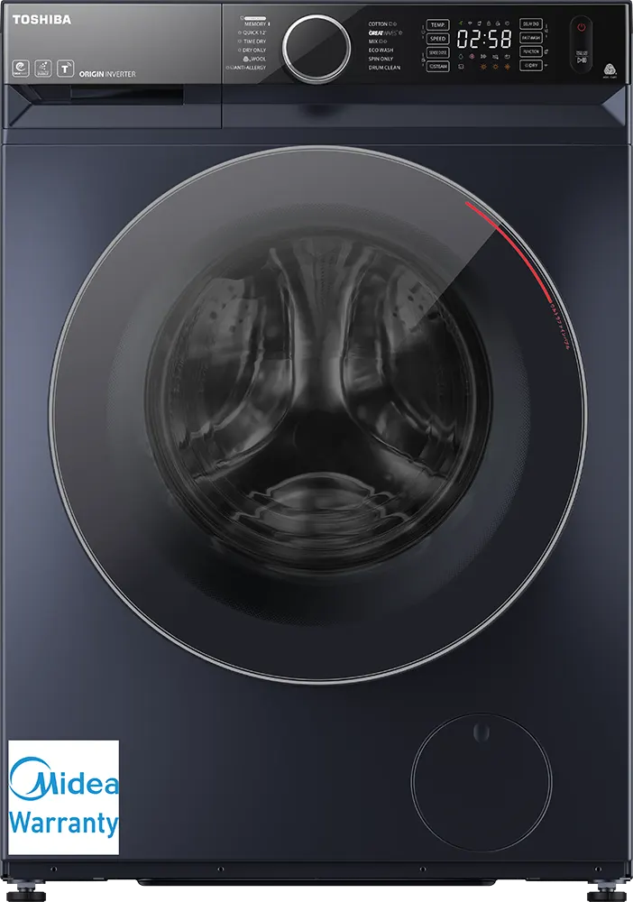 غسالة ملابس فول اوتوماتيك توشيبا تحميل أمامي 9 كيلو، بمجفف 6 كيلو، 1400 لفة، شاشة رقمية، واي فاي، انفرتر، رمادى، TWD-BM100GF4EG(MK)