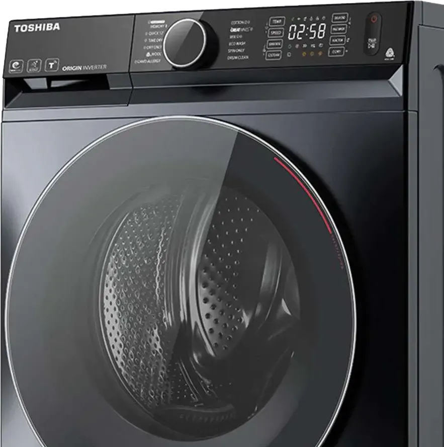 غسالة ملابس فول اوتوماتيك توشيبا تحميل أمامي 9 كيلو، بمجفف 6 كيلو، 1400 لفة، شاشة رقمية، واي فاي، انفرتر، رمادى، TWD-BM100GF4EG(MK)