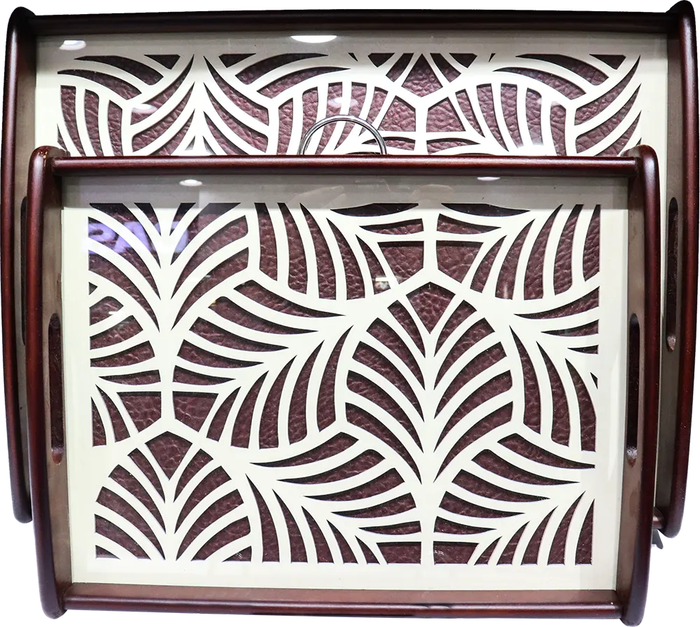 طقم صواني تقديم خشب مزخرف الاندالس، 2 قطعة، لون بني