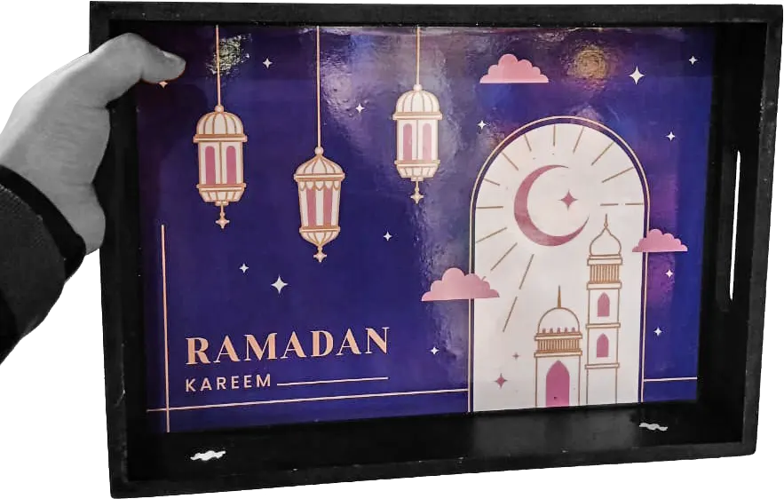 صينية تقديم خشب، طباعة رمضان، لون أسود