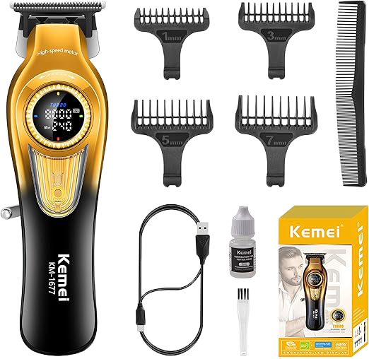 ماكينة حلاقة كهربائية كيمي للرجال ، لقص الشعر  ، شاشة LED ، قابلة لإعادة الشحن ، type-c ، هيكل معدني ، اسود * ذهبي، KM-1677