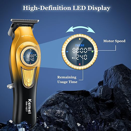 ماكينة حلاقة كهربائية كيمي للرجال ، لقص الشعر  ، شاشة LED ، قابلة لإعادة الشحن ، type-c ، هيكل معدني ، اسود * ذهبي، KM-1677
