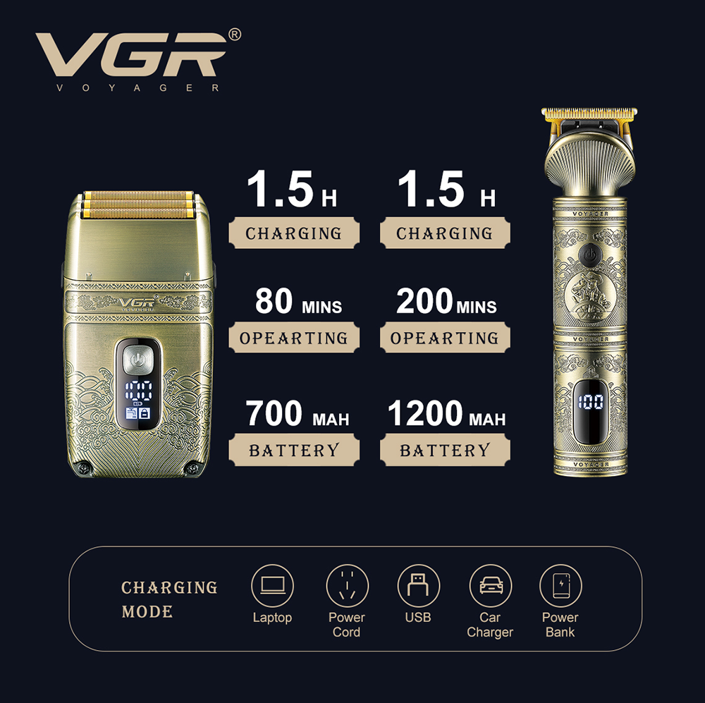 مجموعة ماكينة حلاقة كهربائية في جي ار للرجال ،2 في1 ، شاشة LED ، قابلة لإعادة الشحن ، TYPE-C ، مقاومة للماء ، ذهبي ، V-649