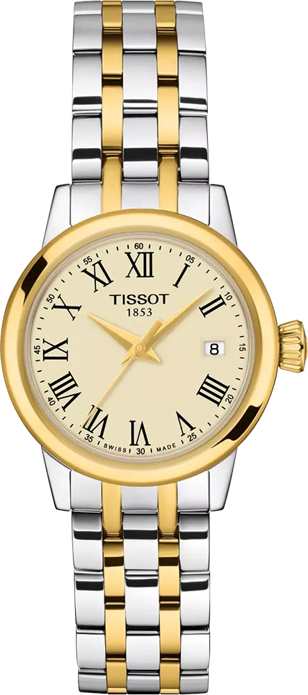 ساعة تيسوت نسائي، مينا عاجي، عقارب دائرية، سوار ستانلس ستيل  فضي* ذهبي، ساعة يد تناظرية، فضي* ذهبي، T129-210-22-263
