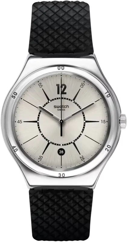 ساعة سواتش للرجال، مينا فضية، عقارب دائرية، سوار سيليكون أسود، ساعة يد تناظرية، اطار ستانلس ستيل فضي، YWS406