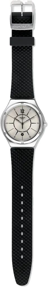 ساعة سواتش للرجال، مينا فضية، عقارب دائرية، سوار سيليكون أسود، ساعة يد تناظرية، اطار ستانلس ستيل فضي، YWS406