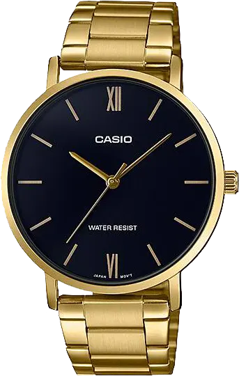 ساعة كاسيو للرجال، مينا سوداء، عقارب دائرية، سوار ستانلس ستيل ذهبي، ساعة يد تناظرية، اطار ستانلس ستيل ذهبي، MTP-VT01G-1BUDF