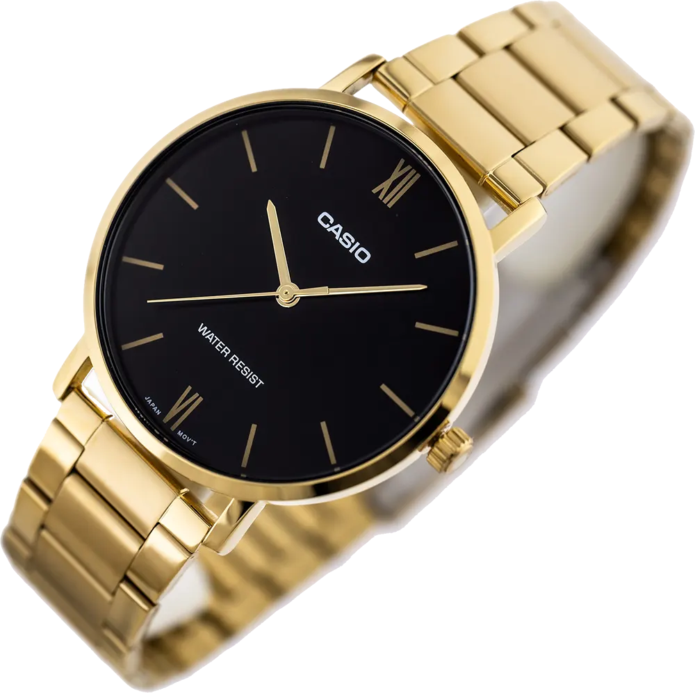 ساعة كاسيو للرجال، مينا سوداء، عقارب دائرية، سوار ستانلس ستيل ذهبي، ساعة يد تناظرية، اطار ستانلس ستيل ذهبي، MTP-VT01G-1BUDF