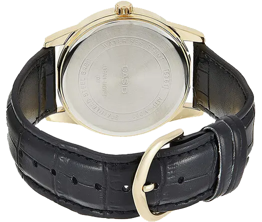 ساعة كاسيو للرجال، مينا بيضاء، عقارب دائرية، سوار جلد اسود، ساعة يد تناظرية، اطار ستانلس ستيل ذهبي، MTP-V001GL-7BUDF