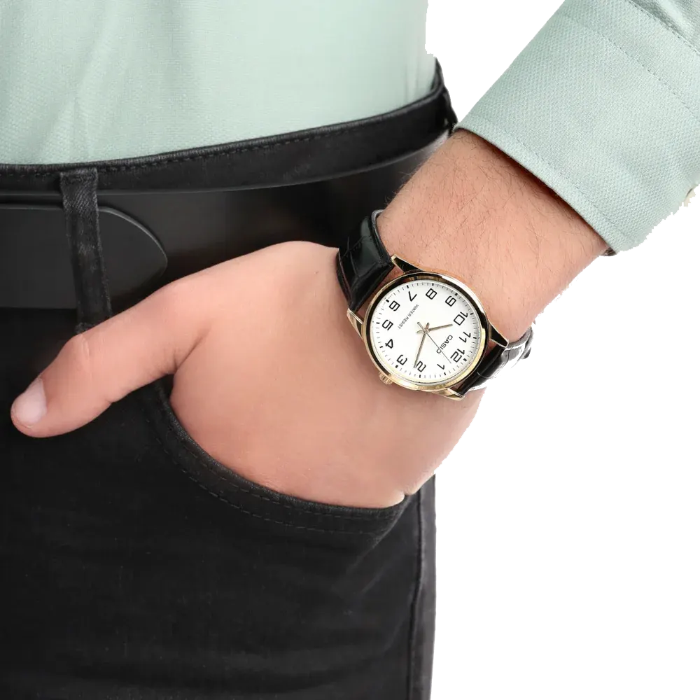 ساعة كاسيو للرجال، مينا بيضاء، عقارب دائرية، سوار جلد اسود، ساعة يد تناظرية، اطار ستانلس ستيل ذهبي، MTP-V001GL-7BUDF