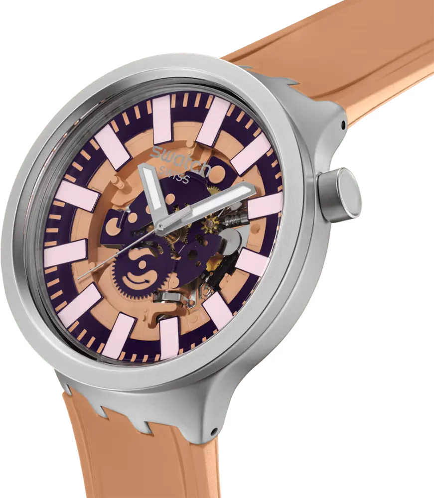 ساعة سواتش للجنسين، مينا بنفسجية، عقارب دائرية،سوار مطاطي بيج، ساعة يد تناظرية، اطار ستانلس ستيل فضي، بيج، SB07S119