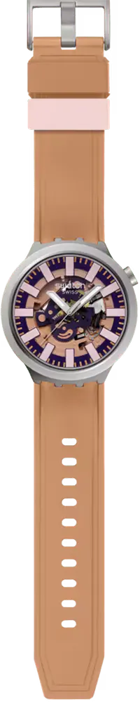 ساعة سواتش للجنسين، مينا بنفسجية، عقارب دائرية،سوار مطاطي بيج، ساعة يد تناظرية، اطار ستانلس ستيل فضي، بيج، SB07S119