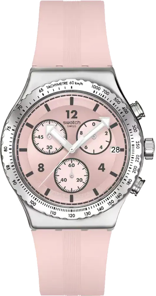 ساعة سواتش للجنسين، مينا وردية، عقارب دائرية، سوار سيليكون وردي، ساعة يد تناظرية، هيكل ستانلس ستيل فضي، وردي، YVS532