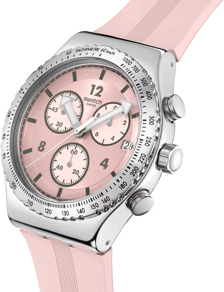 ساعة سواتش للجنسين، مينا وردية، عقارب دائرية، سوار سيليكون وردي، ساعة يد تناظرية، هيكل ستانلس ستيل فضي، وردي، YVS532