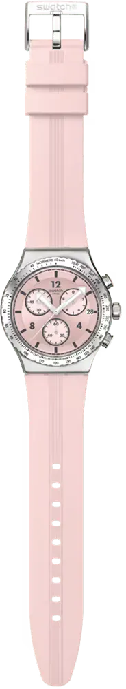 ساعة سواتش للجنسين، مينا وردية، عقارب دائرية، سوار سيليكون وردي، ساعة يد تناظرية، هيكل ستانلس ستيل فضي، وردي، YVS532