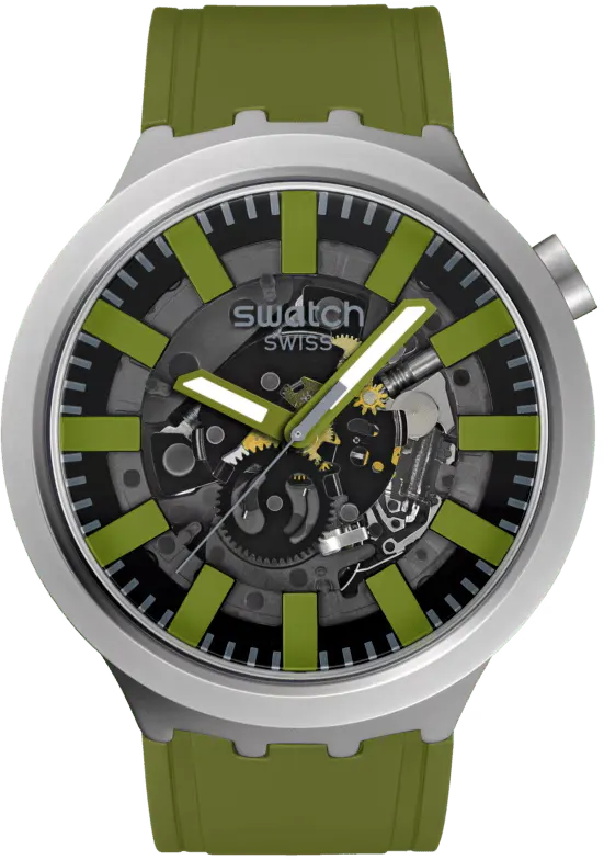 ساعة سواتش للجنسين، مينا سوداء، عقارب دائرية،سوار مطاطي اخضر، ساعة يد تناظرية، اطار ستانلس ستيل فضي،اخضر، SB07S118