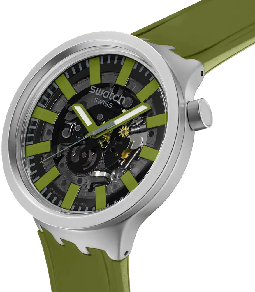 ساعة سواتش للجنسين، مينا سوداء، عقارب دائرية،سوار مطاطي اخضر، ساعة يد تناظرية، اطار ستانلس ستيل فضي،اخضر، SB07S118