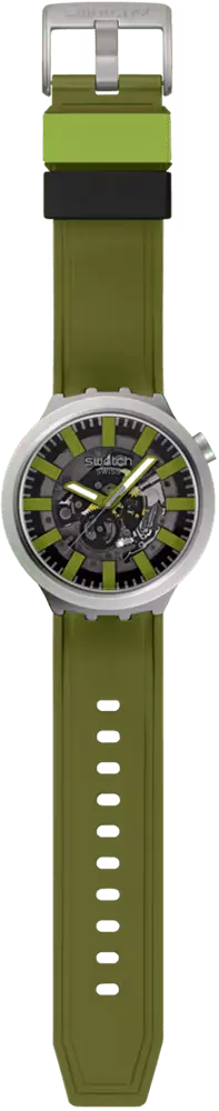 ساعة سواتش للجنسين، مينا سوداء، عقارب دائرية،سوار مطاطي اخضر، ساعة يد تناظرية، اطار ستانلس ستيل فضي،اخضر، SB07S118