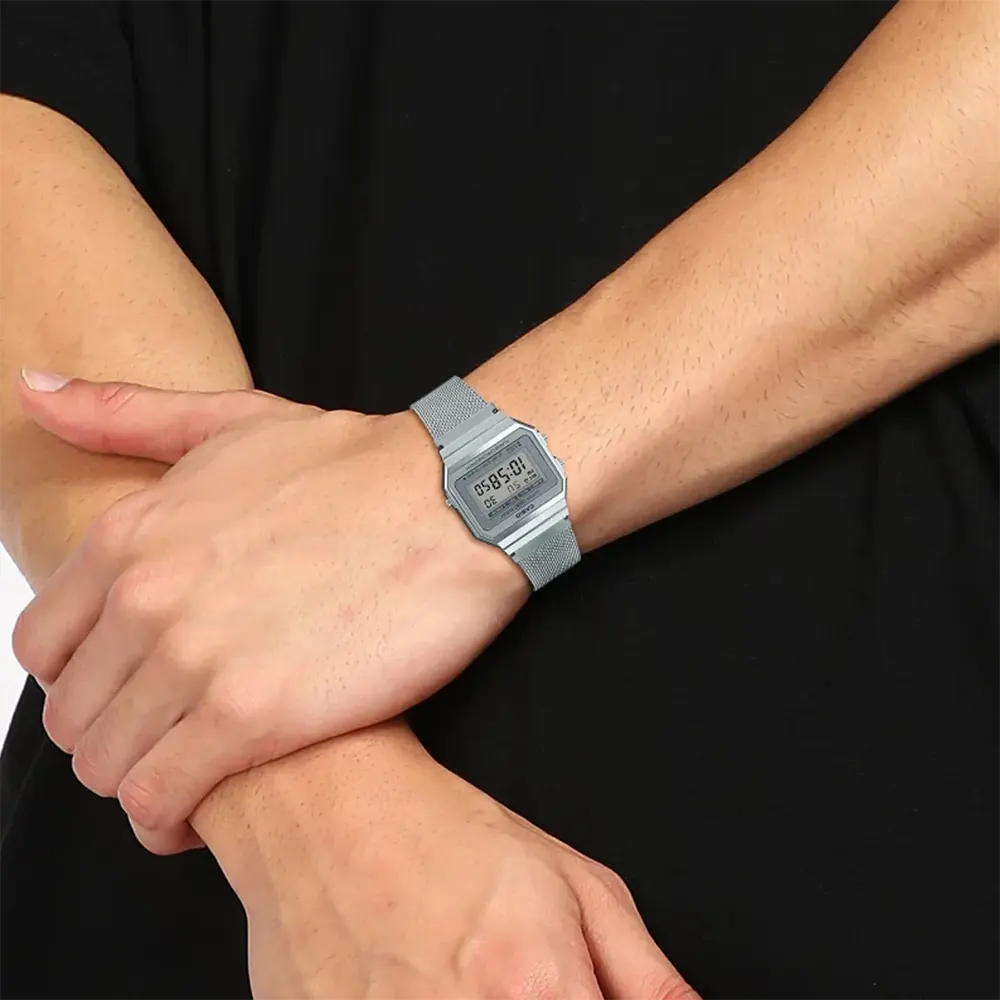 ساعة كاسيو رقمية للجنسين، مينا فضية، سوار ستانلس ستيل فضي، A700WM-7ADF