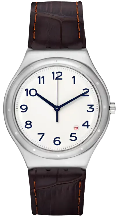 ساعة سواتش للرجال، عقارب ، بتصميم دائري ، سوار جلد بني، إطار فضي، YWS416