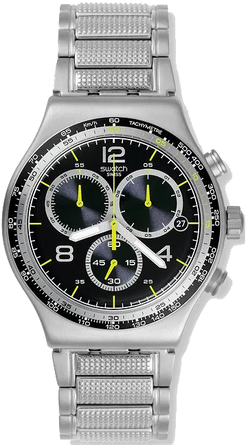 ساعة سواتش للرجال، عقارب ، بتصميم دائري ،  سوار ستانلس ستيل فضي، إطار اسود، YVS411G