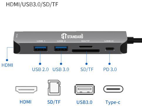 محول توصيل من ستاندرد ، type-c ، متعدد الوظائف ، 6 *1 ، ST-95116D
