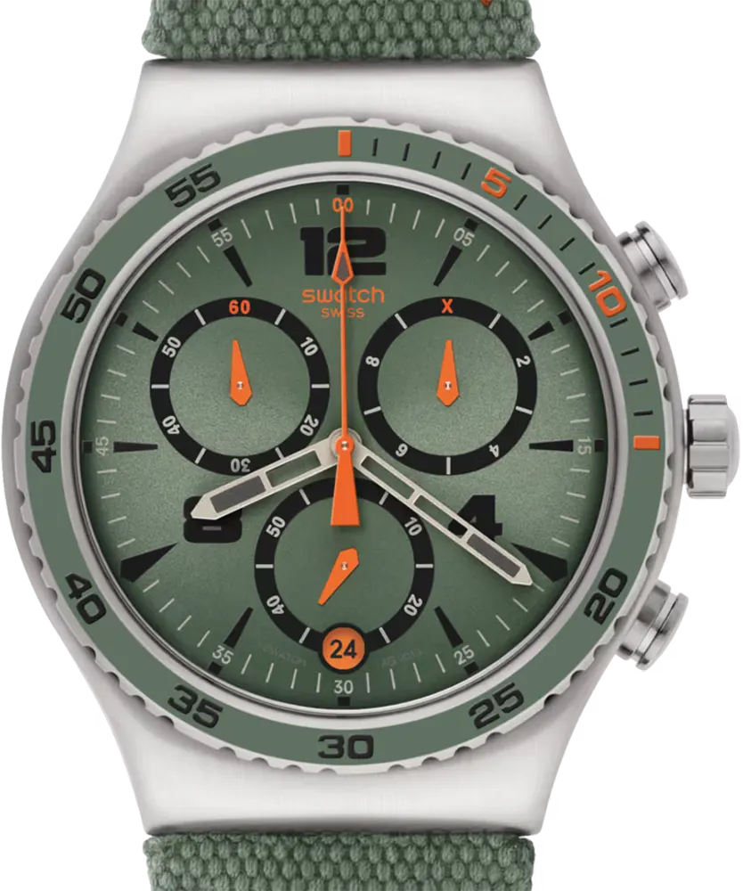ساعة سواتش للرجال، مينا خضراء، عقارب دائرية، سوار قماش اخضر، ساعة يد تناظرية، خضراء، YVS402C