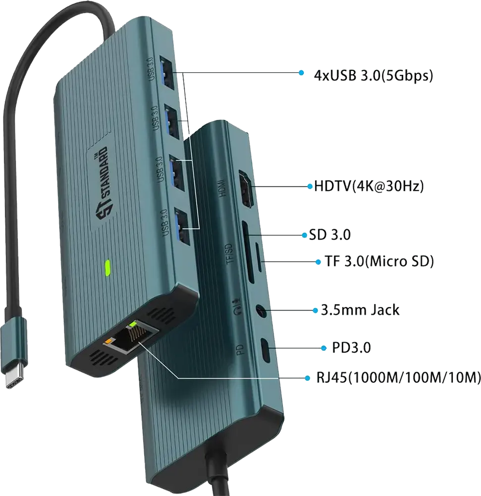 موزع متعددة الوظائف بمدخل USB-C ، عدد 10 منافذ، ازرق، ST-UC962