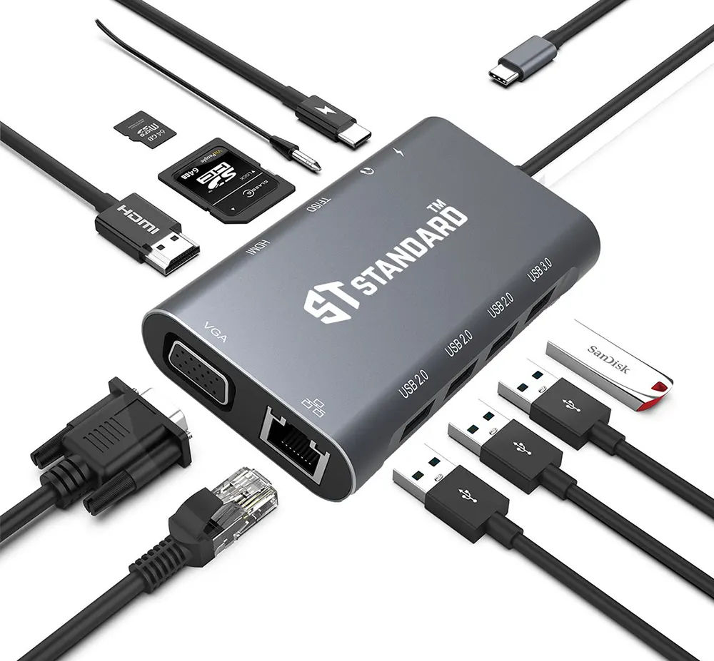 موزع متعددة الوظائف بمدخل USB-C ، عدد 11 منافذ، رمادي، ST-9591A