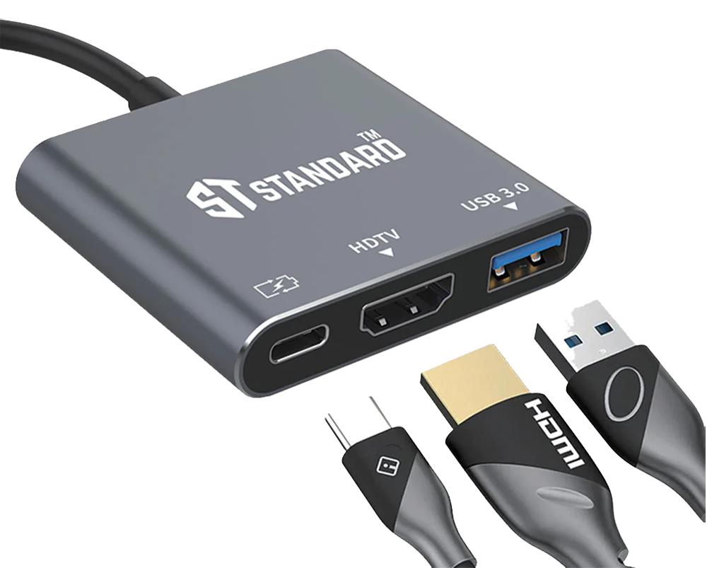 محول ستاندرد 3 في 1 ، موزع  USB-C إلى HDMI - PD3.0 - USB 3.0،  كابل ١٢٠ ملم ، أسود ، ST-917