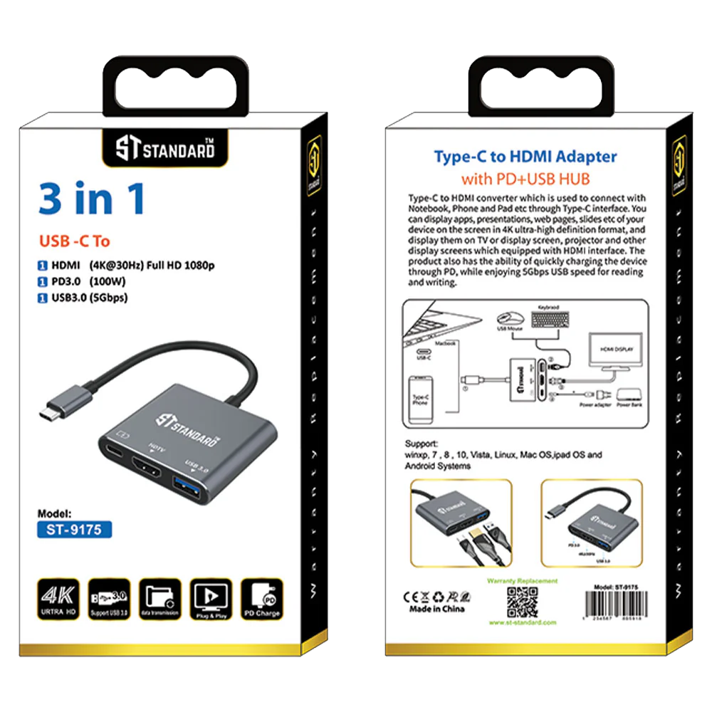 محول ستاندرد 3 في 1 ، موزع  USB-C إلى HDMI - PD3.0 - USB 3.0،  كابل ١٢٠ ملم ، أسود ، ST-917