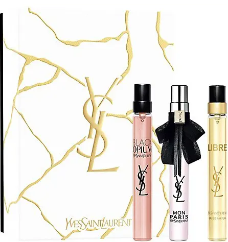 مجموعة عطور رائعة من ايف سان لوران للنساء، عطر بلاك اوبيوم 10 مل + عطر ليبر 10 مل + عطر مون باريس 10 مل