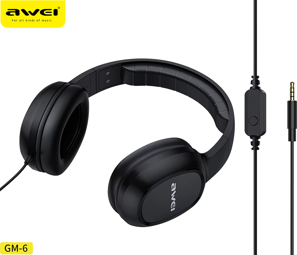 سماعة رأس سلكية هيد ماونت من اوي ، موصل 3.5 مم ، صوت ستيرو، ميكروفون مدمج ، أسود ، GM-6