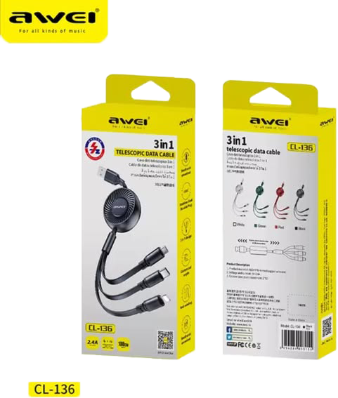 كابل بيانات من اوي ، 3 في 1 ، أسود ، CL-136