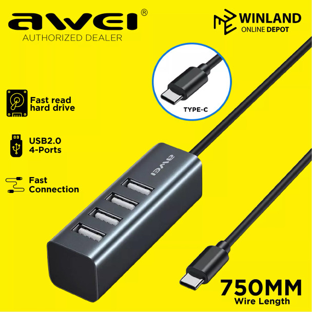 موزع وصلات من اوي ، 4 منافذ USB 2.0 ، موصل TYPE-C ، أسود ، CL-122T