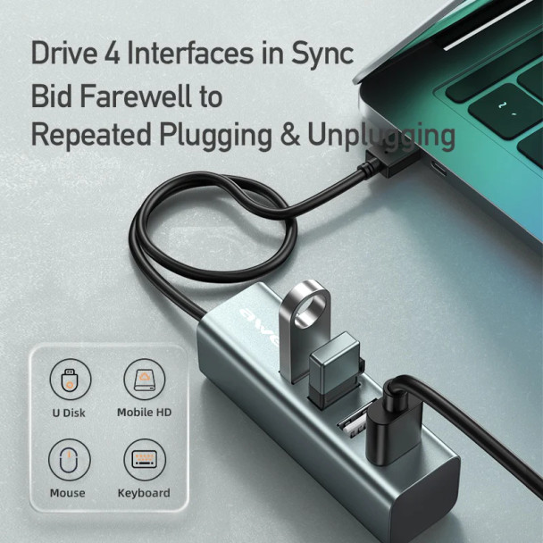 موزع وصلات من اوي ، 4 منافذ USB 2.0 ، موصل TYPE-C ، أسود ، CL-122T