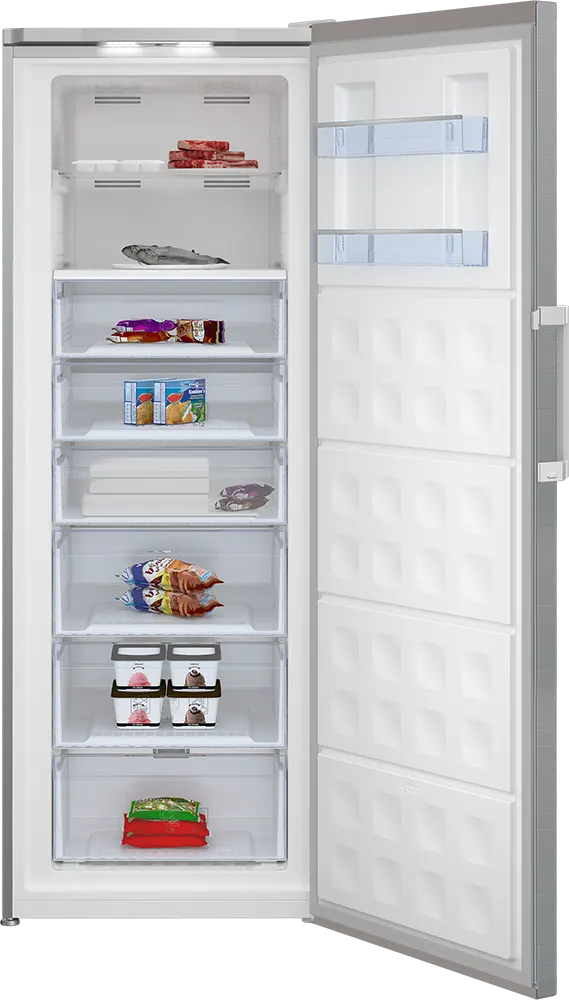 Beko No Frost 8 Drawer Upright Freezer, Digital Touch Screen, Inverter, Stainless Steel, Silver, RFNE448E35XB