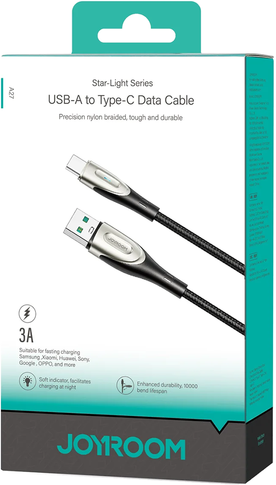 كابل شحن سريع ونقل بيانات جوي روم ، سلسلة ستار لايت ، شحن سريع ، 3 أمبير ، من usb-a الى type-c، أسود ، SA27-AC3