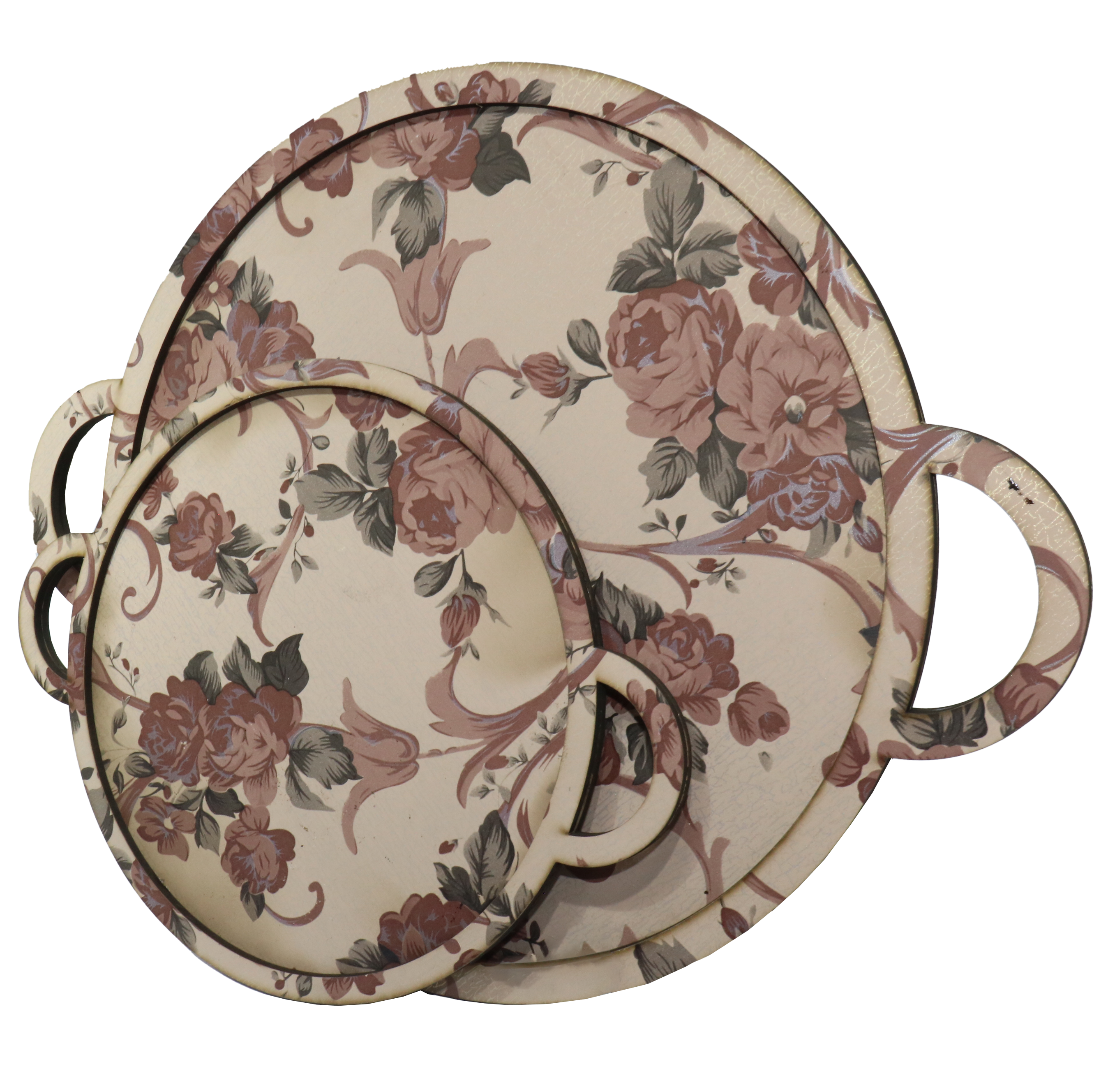 طقم صوانى خشبى مدور ، مقاس كبير - صغير ، الوان مزخرفة ، موديل 5