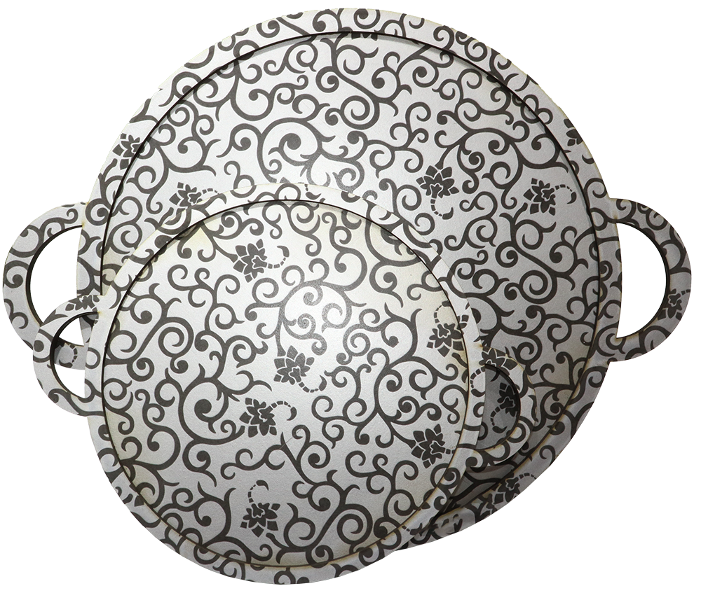 طقم صوانى خشبى مدور ، مقاس كبير - صغير ، الوان مزخرفة ، موديل 5