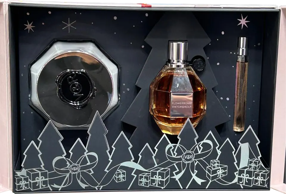 مجموعة هدايا فلاور بومب من فيكتور اند رولف للنساء، عطر فلاور بومب 100 مل، اسبراي للسفر، 10 مل، كريم للجسم 200 مل