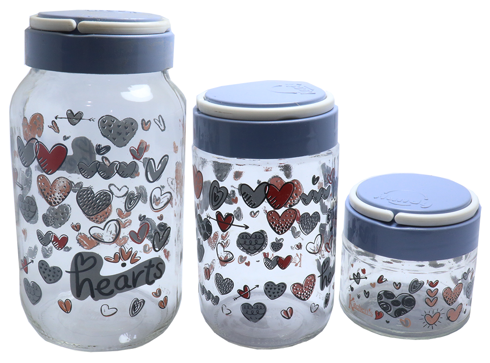 طقم برطمان زجاج تريو مطبوع ، مكون من 3 قطع ، احجام مختلفة ، الوان متعددة