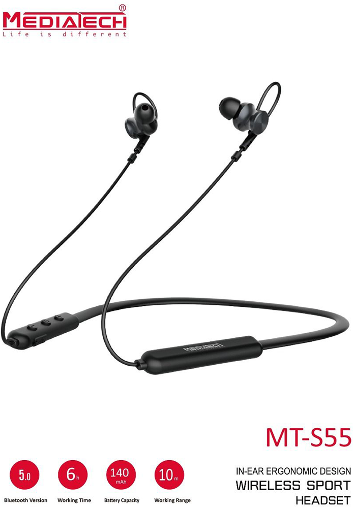 سماعة أذن لاسلكية نك باند ميدياتك ، بلوتوث 5.0 ، ميكروفون مدمج ، أسود ، MT-S55