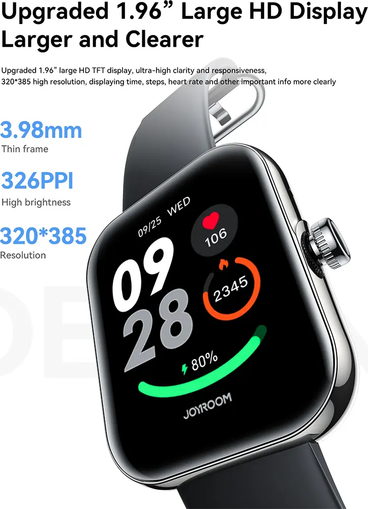 ساعة جويروم الذكية فيت لايف JR-FT5 بلس، شاشة TFT عالية الدقة مقاس 1.96 بوصة، بلوتوث 5.4، مقاومة للماء، بطارية 300 مللي أمبير، أسود جرافيت،