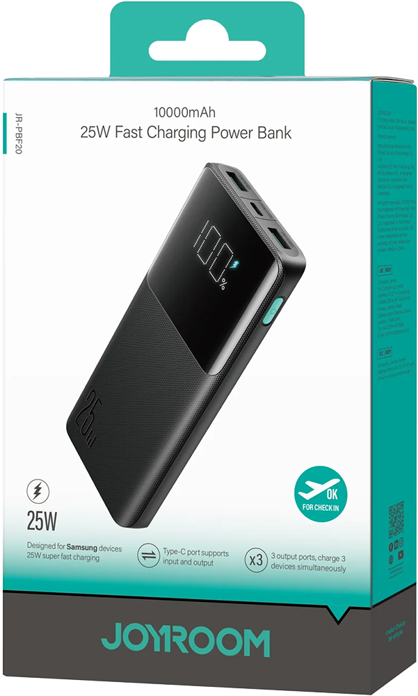 باور بانك جوي روم ، 10000 مللي أمبير ، شحن سريع ، 25 وات ، مدخل type-c ، شاشة ديجيتال ، أسود ، JR-PBF20
