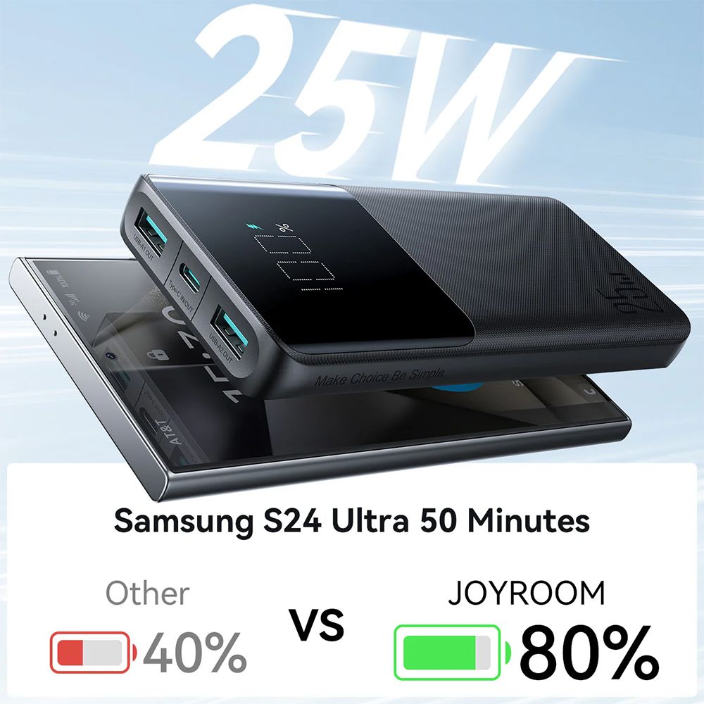 باور بانك جوي روم ، 10000 مللي أمبير ، شحن سريع ، 25 وات ، مدخل type-c ، شاشة ديجيتال ، أسود ، JR-PBF20